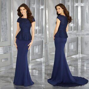 NWT MGNY Madeline Gardner Navy Blue Beaded Peplum Cap Sleeve Gown Maxi Dress